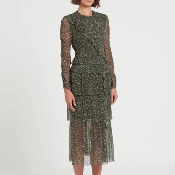 SIR The Label “Isabella” Polka Dot Tiered Ruffle Dress – Green Silk (Very Good) - Picture 1 of 3